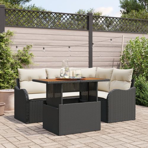 5 Részes Kertbútorszett Párnákkal Fekete Poli Rattan Akáciából, 2 Üléses Kertbútorszett Párnákkal Fekete Poli Rattan