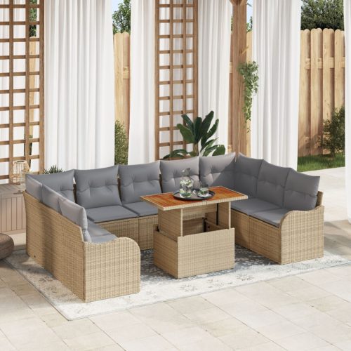 10 Darabos Kerti Kanapé Szett Párnákkal Bézs Poly Rattan Akáccal, 2 Fős Kerti Kanapé Párnákkal Bézs Poly Rattan