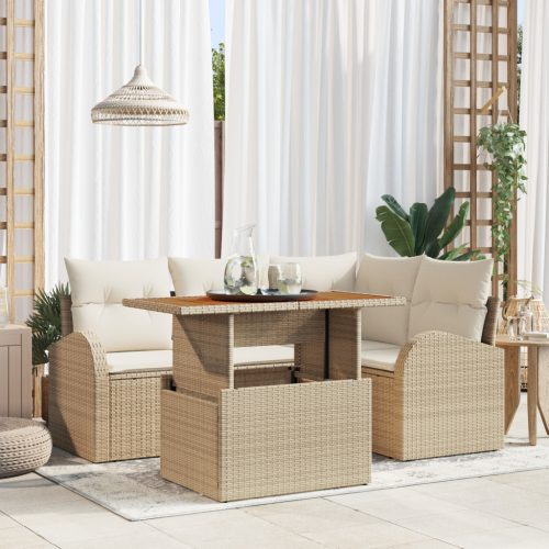 5 Részes Kerti Étkező Szett Párnákkal Bézs Poly Rattan Akác