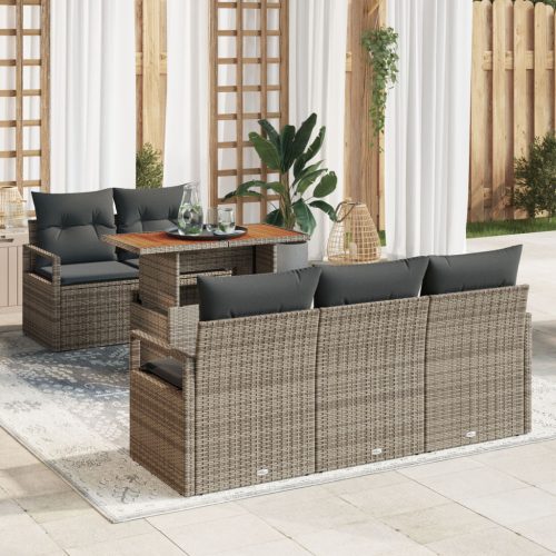 6 darabos kerti kanapé szett párnákkal szürke poli rattan akácalap, 2 személyes kerti kanapé párnákkal szürke poli rattan