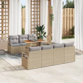   8 darabos Kert Kanapészett Párnákkal Bézs Poly Rattan Akácia, 2 személyes Kert Kanapé Párnákkal Bézs Poly Rattan