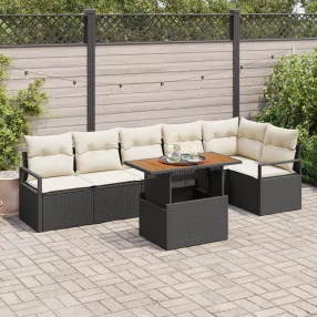   7 részes kerti kanapé szett párnákkal fekete PE rattan akácfa, 2 fős kerti kanapé párnákkal fekete PE rattan