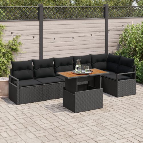 7 darabos Kerti Kanapé Szett Párnákkal Fekete Poli Rattan Akáciával, 2 Fős Kerti Kanapé Párnákkal Fekete Poli Rattan