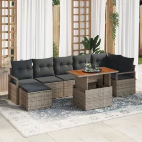   8 darabos kertibútor szett párnákkal Szürke Poli rattan Akác, 2 személyes kertibútor párnákkal Szürke Poli rattan
