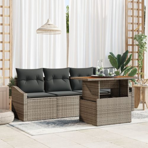 5 darabos kerti étkező szett párnákkal, szürke poly rattan akáciából