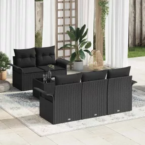   Kerti Kanapé Szett 6 pcs Fekete Poli rattan és acél és üveg