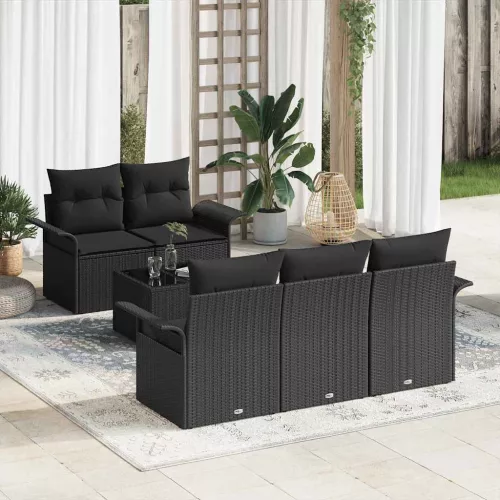Kerti Kanapé Szett 6 pcs Fekete Poli rattan és acél és üveg