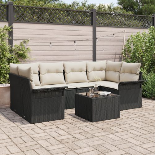 7 Darabos Kert Sofa Szett Párnákkal Fekete Poli Rattan