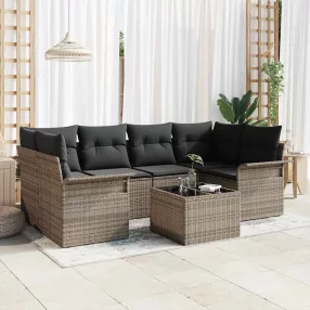   Kerti Kanapé Szett 7 pcs Szürke Poli rattan és acél és üveg