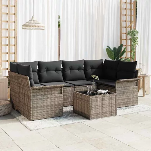 Kerti Kanapé Szett 7 pcs Szürke Poli rattan és acél és üveg