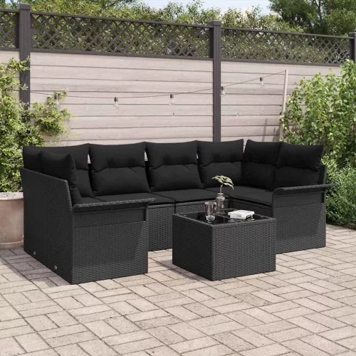Kerti Kanapé Szett 7 pcs Fekete Poli rattan és acél és üveg