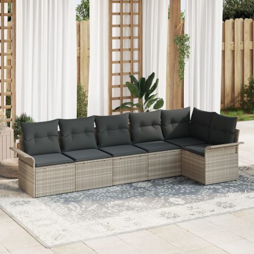 6 darabos kerti kanapé szett párnákkal világosszürke poli-rattan, 2 személyes kerti kanapé tárolóval és párnákkal világosszürke poli-rattan
