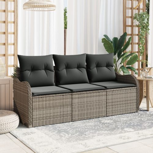 3 részes kerti kanapészett párnákkal szürke poli rattan, 2 személyes kerti kanapé tárolóval és párnákkal szürke poli rattan