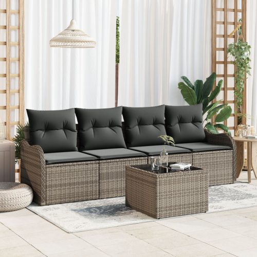 5 részes kerti kanapé készlet párnákkal szürke poli rattan, 2 személyes kerti kanapé tárolóval és párnákkal szürke poli rattan