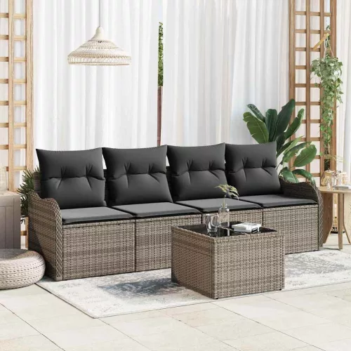 Kerti Kanapé Szett 5 pcs Szürke Poli rattan és acél és üveg