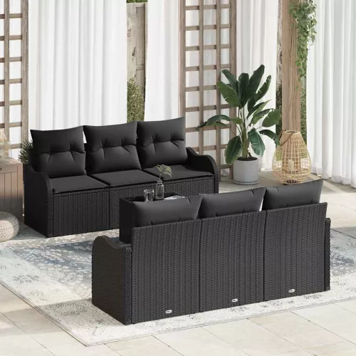 vidaXL Kerti Kanapé Szett 7 pcs Fekete Poli Rattan és Acél és Üveg