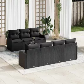   Kerti Kanapé Szett 8 pcs Fekete Poli Rattan és Acél és Üveg