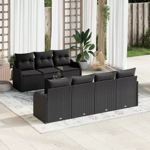 Kerti Kanapé Szett 8 pcs Fekete Poli Rattan és Acél és Üveg