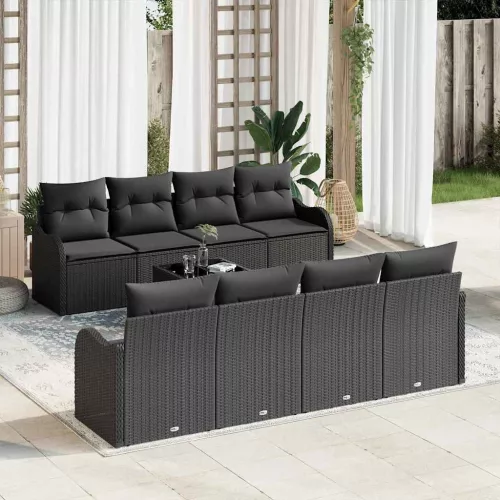 vidaXL Kerti Kanapé Szett 9 pcs Fekete Poli Rattan és Acél és Üveg