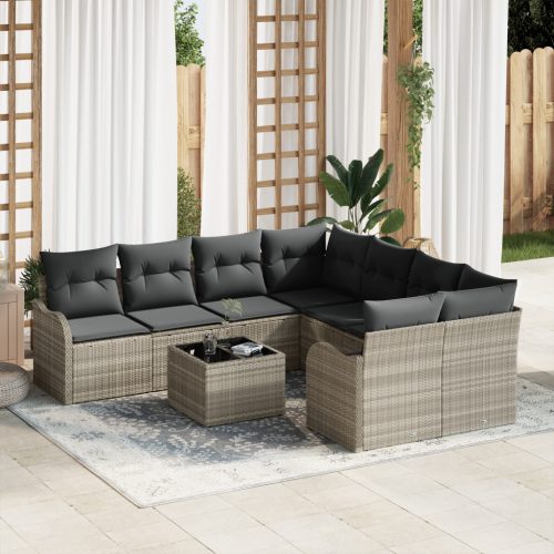 9 Darabos Kert Sofa Szett Párnákkal Világosszürke Poli Rattan