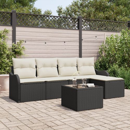 5 Darabos Kerti Kanapé Szett Párnákkal Barna Poly Rattan, 2 Személyes Kerti Kanapé Tárolóval és Párnákkal Fekete Poly Rattan