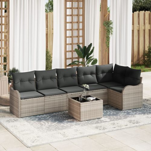 7 részes kerti kanapé szett párnákkal szürke Poly Rattan, 2 fős kerti kanapé tárolóval és párnákkal világosszürke Poly Rattan
