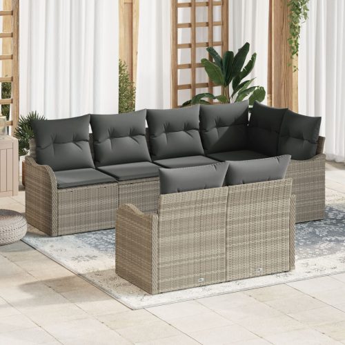 7 darabos világosszürke poli rattan kert kanapé szett párnákkal, 2 üléses kert kanapé tárolóval és párnákkal, világosszürke poli rattan