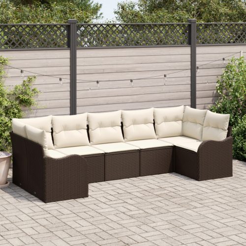 7 Darabos Kerti Sofa Szett Párnákkal Barna Poli Rattan