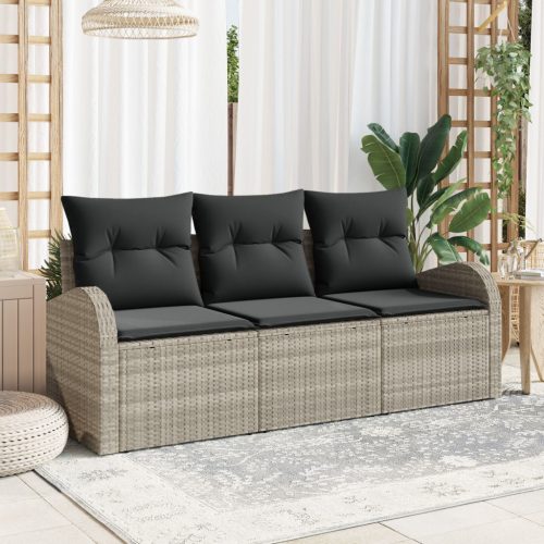 3 Darabos Kert Kanapé Szett Párnákkal Világosszürke Poli Rattan, 2-Fős Kert Kanapé Tárolóval és Párnákkal Világosszürke Poli Rattan