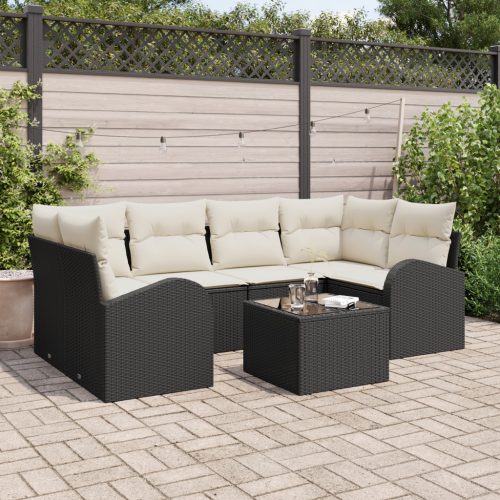 7 Darabos Kerti Kanapészett Párnákkal Fekete Poly Rattan