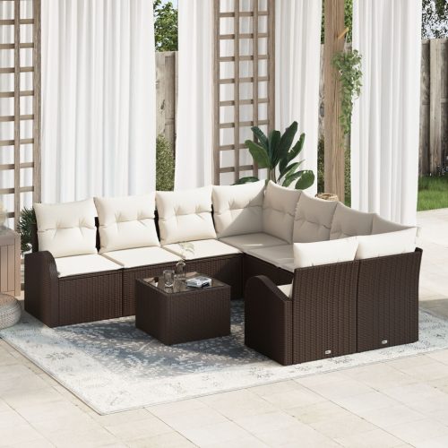 9 részes kerti kanapé szett párnákkal Barna Poly Rattan, 2 személyes kerti kanapé tárolóval & párnákkal Barna Poly Rattan