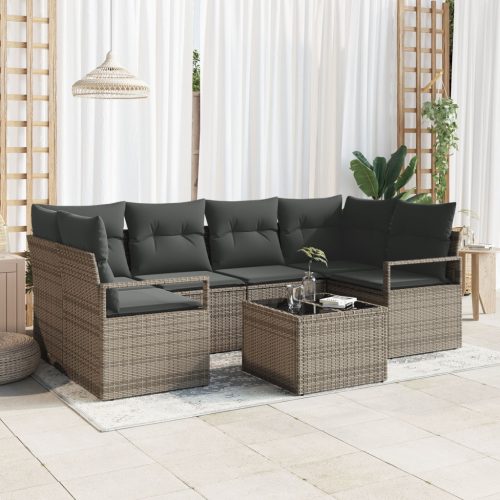 7 darabos kerti kanapé szett párnákkal, szürke poli rattan, 2-seater kerti kanapé tárolóval és párnákkal, szürke poli rattan