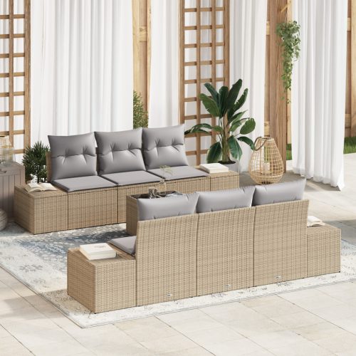 7 Részes Kerti Kanapé Szett Párnákkal Bézs Poly Rattan