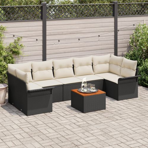 8 darabos Kerti Kanapé Szett Párnákkal Fekete Polyrattan Akácia, 2-fős Kerti Kanapé Tárolóval és Párnákkal Fekete Polyrattan