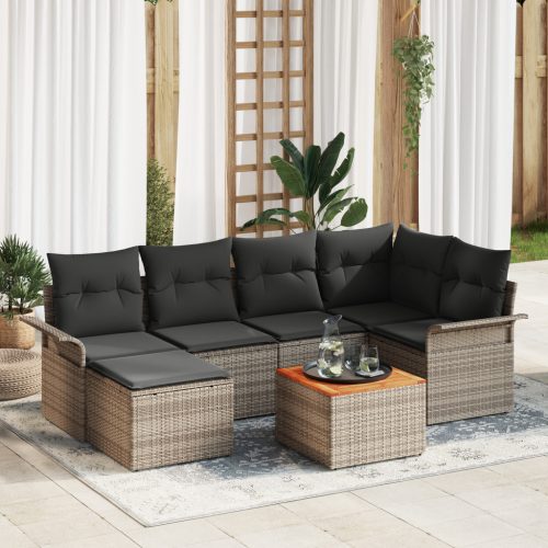 7 Darabos Kerti Kanapészett Párnákkal Szürke Poli Rattan Acacia