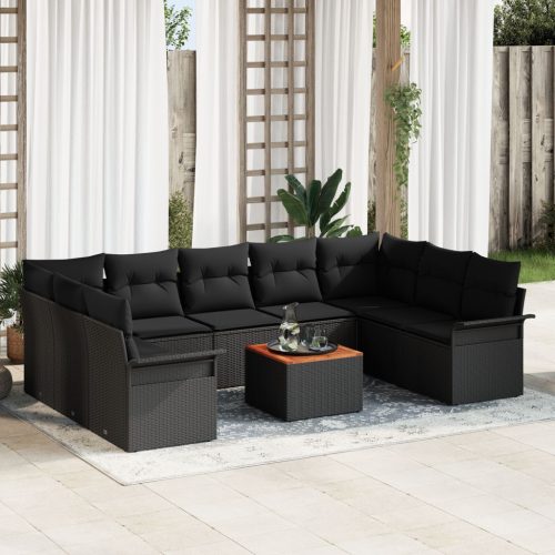 10 részes kerti kanapé szett párnákkal, fekete, poli rattan, akác, 2 fős kerti kanapé tárolóval és párnákkal, fekete, poli rattan