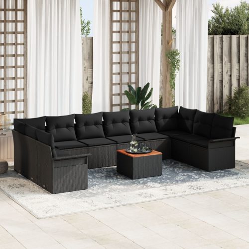11 részes Kert Sofa Szett párnákkal Fekete Poli Rattan Akácia, 2 személyes Kert Sofa tárolóval és párnákkal Fekete Poli Rattan