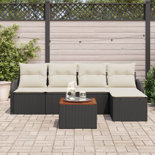 6 darabos Kert kanapé szett párnákkal Fekete Poli Rattan Akác, 2 személyes Kert kanapé tárolóval és párnákkal Fekete Poli Rattan