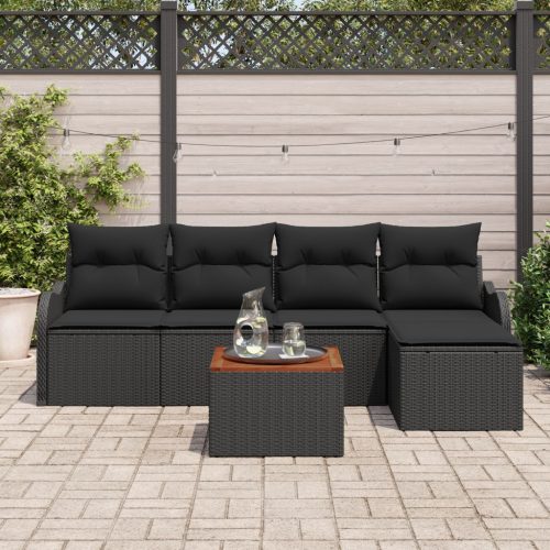6 darabos kerti kanapészett párnákkal fekete poli rattan akác, 2 személyes kerti kanapé tárolóval és párnákkal fekete poli rattan