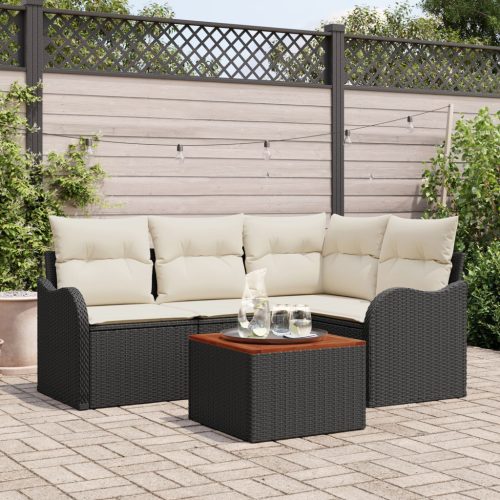 5 Darabos Kerti Sofa Készlet Párnákkal Fekete Poli Rattan Akác, 2-Fős Kerti Sofa Tárolóval&Párnákkal Fekete Poli Rattan
