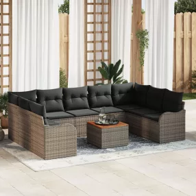   10 Darabos Kert Sofa Szett Párnákkal Szürke Poli Rattan Akácia, 2-Személyes Kert Sofa Tárolóval & Párnákkal Szürke Poli Rattan