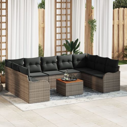 10 Darabos Kert Sofa Szett Párnákkal Szürke Poli Rattan Akácia, 2-Személyes Kert Sofa Tárolóval & Párnákkal Szürke Poli Rattan