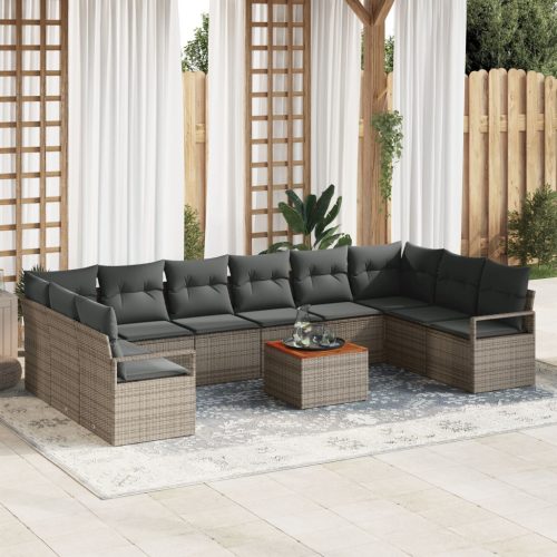 11 darabos kerti kanapé szett párnákkal szürke polyrattan akácia, 2-fős kerti kanapé tárolóval és párnákkal szürke polyrattan