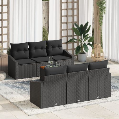 7 Részes Kerti Kanapé Szett Párnákkal Fekete Poly Rattan Akác