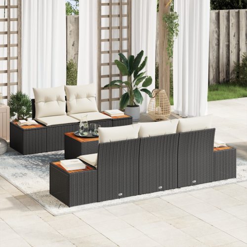 6 Részes Kert Sofasztal Szett Párnákkal Fekete Poli Rattan Akácerdő
