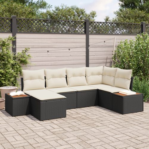 6 Részes Kert Kanapé Szett Párnákkal Fekete Poli Rattan Acacia