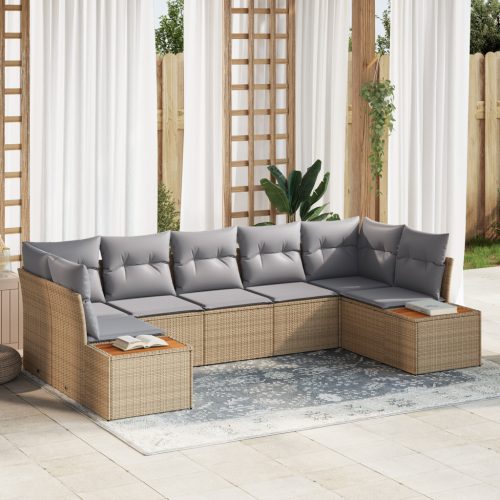 7 Részes Kerti Sofa Készlet Párnákkal Bézs Poli Rattan Akác