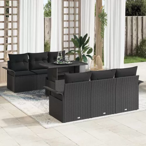 Kerti Kanapé Szett párnával tárolóval 7 pcs Fekete Poly Rattan