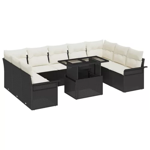 Kerti Kanapé Szett párnával párnával 10 pcs Fekete Poly Rattan