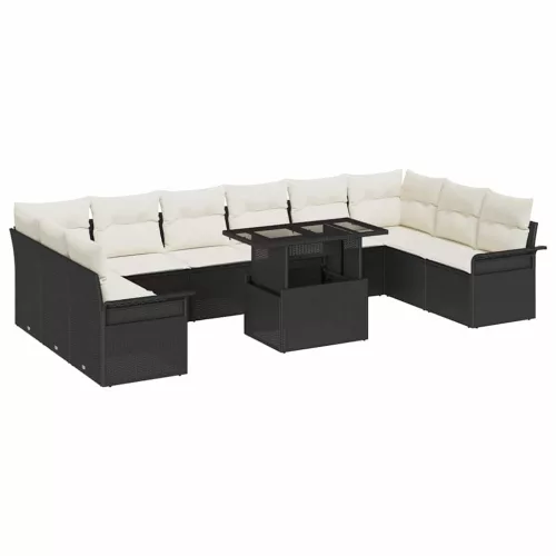 Kerti Kanapé Szett 11 db Fekete Poly Rattan
